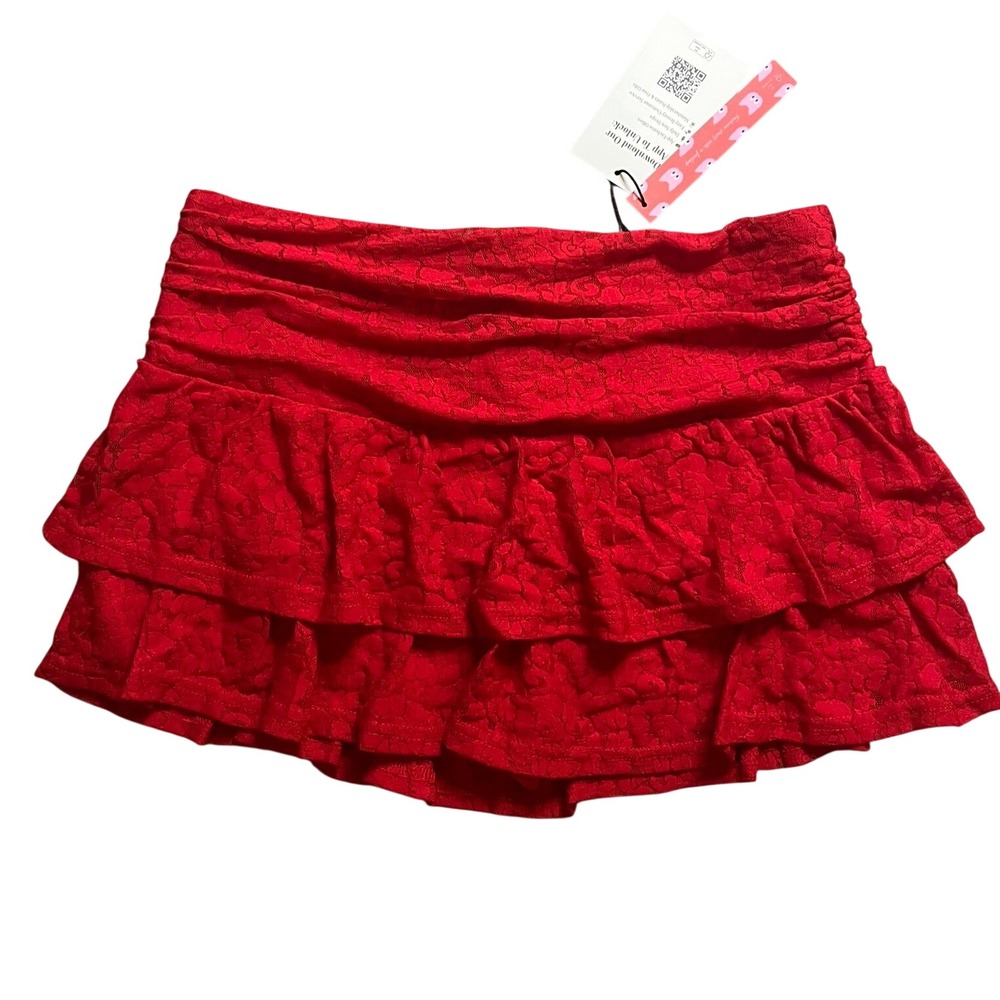 Cider Red Floral Lace Tiered Ruffle Skort Small Mini Skirt Shorts Ruched Zip NWT